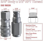 3/8" Flat Face Hydraulic Quick Connect Coupler Set,1/2" NPT Thread, 5076 PSI, ISO 16028 with Dust Caps - Image 3