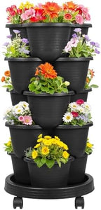 VECELO 5 Tier Vertical Garden Planter, Self Watering Stackable Planters with Wheels for Strawberries, Herbs, Flowers, Vegetables, Black by VECELO