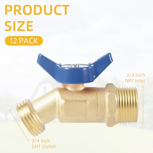 12 Pack Hose Bibb Brass Water Spigot, 3/4" Male NPT Inlet x 3/4" Male GHT Threaded Garden Hose Outlet Connector, 1/4-Turn Sillcock Hose Bibb Valve (3/4" x 3/4", Blue) - Image 2