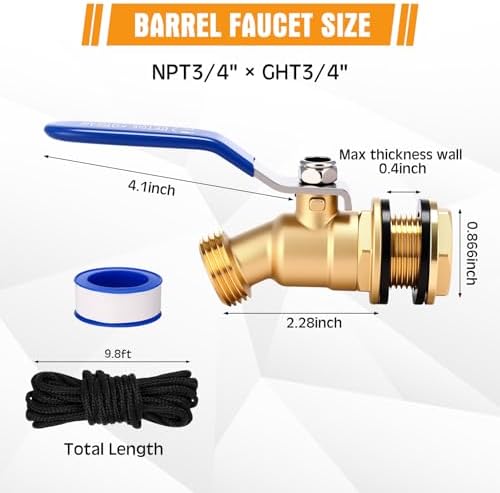 JaGely 3 Pack Brass Rain Barrel Spigot Kit 3/4" Inlet to 3/4"GHT Thread Outlet Water Tank Faucet 55 Gallon Drum Outdoor Rain Bucket Spigot with Bulkhead Fitting, Tape, Traction Rope(Blue) - Image 2