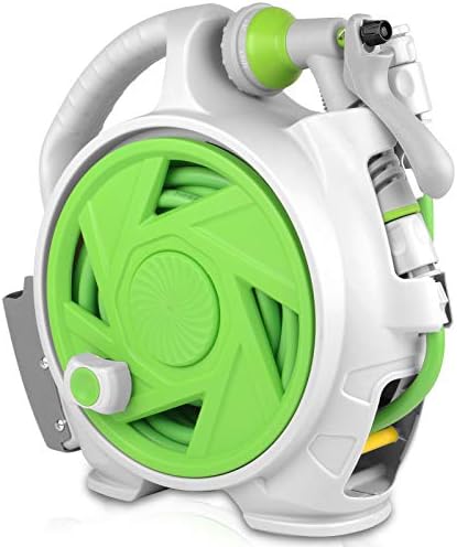 Garden Retractable Hose Reel, Portable Simple Home Hose Reel 45+5 FT with 7 Patterns Spray Nozzle, Wall Mounted and Any Length Lock for Garden Watering, Car Washing, Pet (Green) by Unknown