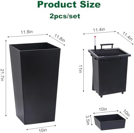 22" Tall Planters with Self Watering, 22 Inch, Black, Set of 2 - Image 2