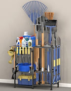 Garden Tool Organizer, Metal Yard Tool Organizer,Holds 70 Long-Handled Tools/Rakes/Brooms,Side Garden Pocket,Heavy Duty Steel Yard Tool Storage Rack for Garage,Shed, Outdoor(Black-Large) by Lovind