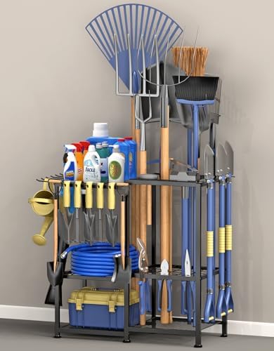 Garden Tool Organizer, Metal Yard Tool Organizer,Holds 70 Long-Handled Tools/Rakes/Brooms,Side Garden Pocket,Heavy Duty Steel Yard Tool Storage Rack for Garage,Shed, Outdoor(Black-Large) by Lovind
