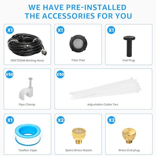 MIXC Misters for Outside Patio, 100FT (30M) Misting Line+27 Mist Nozzles+3/4" Brass Adapter, Outdoor Misting Cooling System for Patio Backyard Greenhouse Trampoline Horse Corral - Image 5