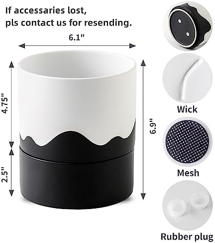 Nihow Ceramic Self Watering Plant Pot for Indoor Plants,6 Inch,White Black - Image 2