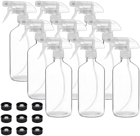 9 Pack Glass Spray Bottles, 16oz Empty Clear Boston Round Bottles Refillable Container with Trigger Sprayer for Cleaning Solutions, Essential Oils, Misting Plants by Suwimut