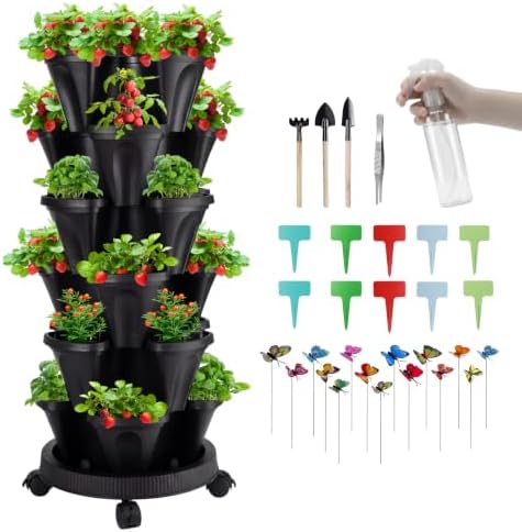 GameXcel Vertical Planter Tower - 6 Tier Stackable Garden Planters with Wheels and Garden Tool Set Plant Pots for Strawberry Herb Flower and Vegetable Indoor Outdoor Use Black by GameXcel