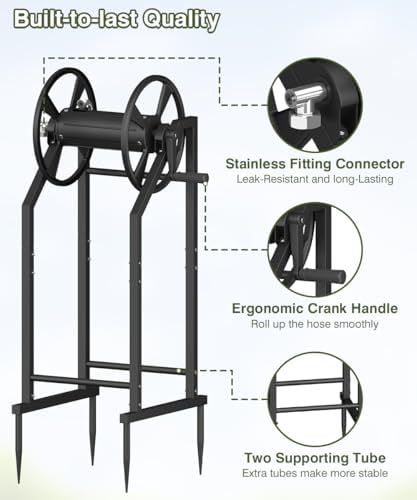 4-Spike Garden Hose Reel with 3.9ft Leader Hose & Stainless Fitting, Outdoor Hose Holder holds 125ft Hose of 5/8", Freestanding Metal Hose Stand for Outside Yard Lawn, Black - Image 3