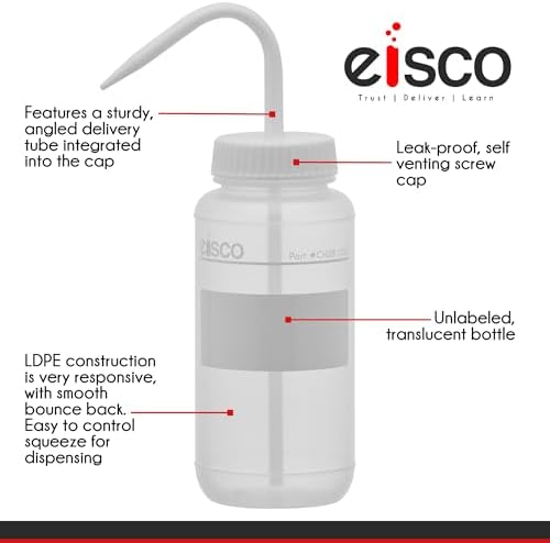 EISCO 6PK Chemical Wash Bottle, No Label, 500ml - Wide Mouth, Self Venting, Low Density Polyethylene - Performance Plastics Labs - Image 2