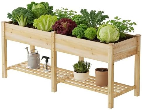 Raised Garden Bed Elevated Wood Planter Box with Shelf Garden Planter by PULIJIAJU