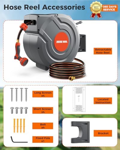 5/8 Inch 115FT Retractable Garden Hose Reel,Wall Mounted Retractable Hose Reel with 9-Pattern Nozzle, 180° Swivel Auto Rewind, Any Length Lock Water Hose Reel for Yard Garden Car Washing - Image 4