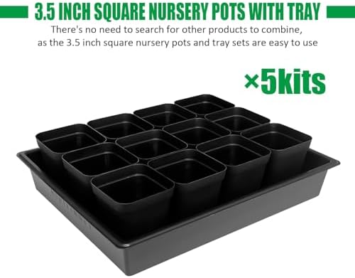 RooTrimmer 3.5 inch (9CM) Square Nursery Pots 60pcs, Sturdy Seedlings Trays 5 Pcs, Seeds Starter Germination Tray, Microgreenings Planter Nursery Propagation 5 Sets - Image 2