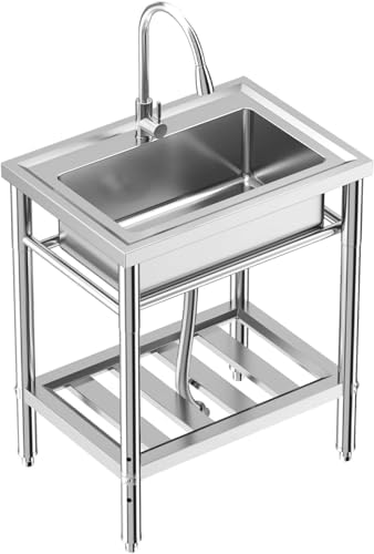 28"x20"x34" Stainless Steel Utility Sink, Freestanding Single Bowl with Hot & Cold Water Faucet, Commercial Kitchen Laundry Bathroom Garage Garden Sink by Unknown
