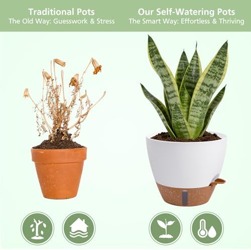 Self Watering Pots with Water Level Indicator, 12" 10" 9" 8" Large Plastic Flower Pots with Mesh Drainage Hole and Removable Saucer Reservoir for Indoor Outdoor Plants (White) - Image 6