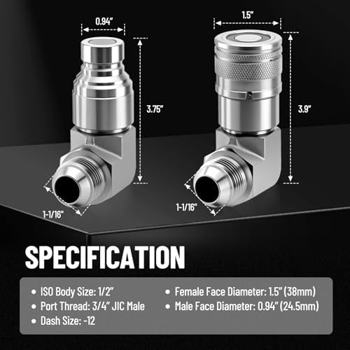 90° Elbow Flat Face Hydraulic Coupler, 1/2" Body Size x 3/4" JIC - Image 4