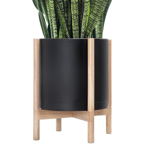 D'vine Dev Plastic Pot with Natural Wood Stand, Black, 14 in, 55-C-S-2 by DvineDevPlanterPotsandStand