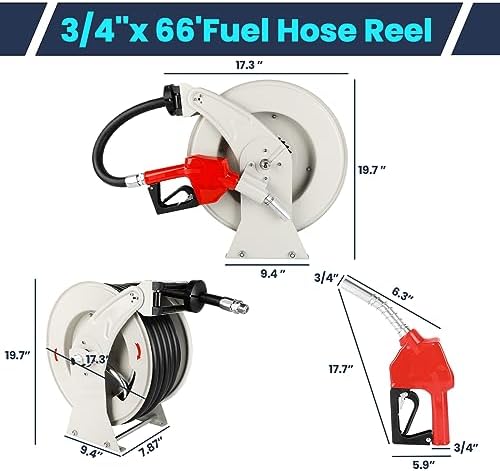 Fuel Hose Reel 3/4" x 66', Spring-Driven Retractable with Fueling Nozzle - Image 2