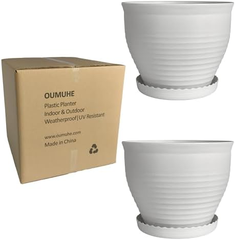 13.8 Inch Round Plastic Planters Urns, Set of 2, White Flower Pots - Image 6