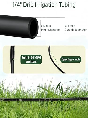 1/4" Drip Irrigation Tubing with 6" Emitter Spacing, (250 Ft Roll) Hydroponics Dripline with Built-in 0.5 GPH Dripper, Saving 80% Water, Drip Line for Garden Beds and Dense Planting Areas (Black) - Image 3