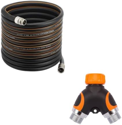 Giraffe Tools Garden Hose 5/8", Custom Length, Heavy Duty, No Kink, Flexible, Rubber Garden Hose and Hose Splitter with Shut-Off Valves | Solid Brass, 3/4" GHT by GiraffeTools