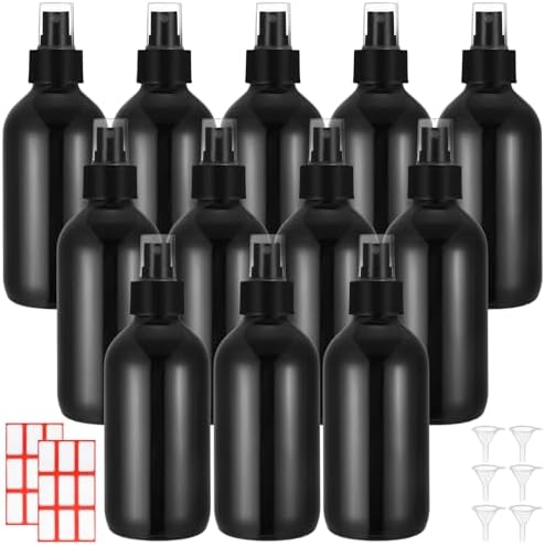 Norme 12 Pcs 8 oz Glass Spray Bottles, Funnels and Labels, Black, Stylish by Norme