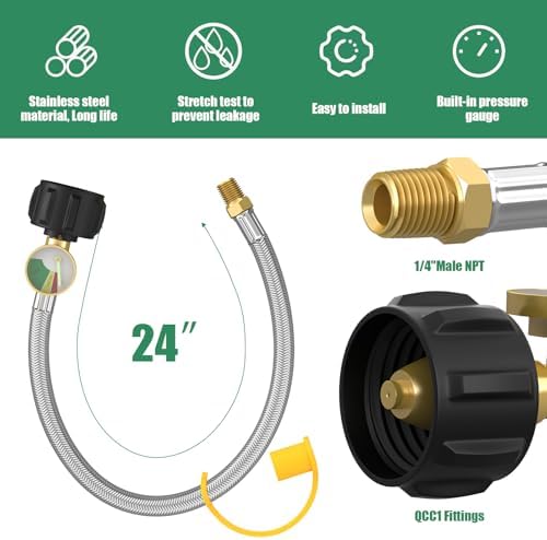 GardenNow 2 PCS RV Propane Hoses with Gauge, 24 Inch Stainless Steel Braided Camper Tank Hose, Rv lp Gas Hoses Connector for Standard Two-Stage Regulator, 40Lb 250PSI, 1/4" NPT /QCC1 Fittings - Image 2