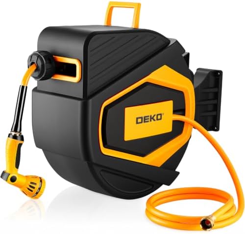 Retractable Garden Hose Reel:100 ft x 1/2 inch, Garden Hose Reel with 9-Pattern Nozzle, 180°Swivel Bracket Wall-Mounted, Automatic Rewind, Lock at Any Length, with Slow Return System by DEKOPRO
