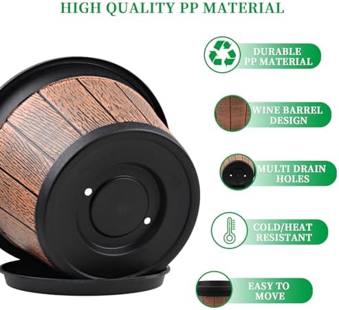 4 Pack 14 inch Plant Pots,Whiskey Barrel Planters with Drainage Holes - Image 5