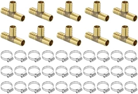 uxcell 10pcs Brass Tee Barb Fittings, 3-Ways Tee 5/8" x 5/8" x 5/8" Barbed Hose Reducer, Tee Brass Barb Fitting Reducer with 30pcs Hose Clamps for Water Fuel Air by uxcell