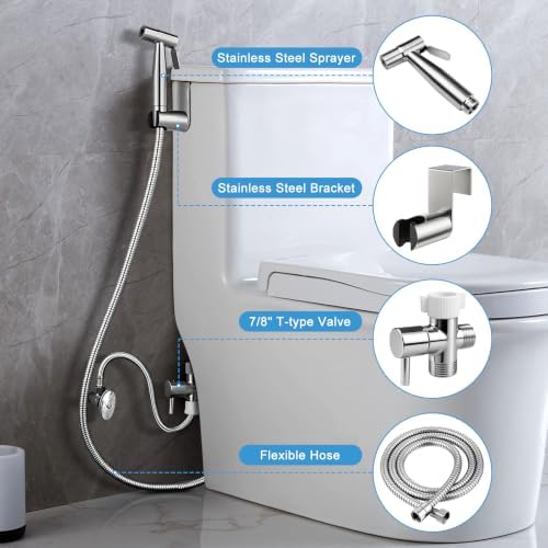 Handheld Toilet Bidet Sprayer 2 Pack, Water Pressure Adjustable Sprayer with Hose and 7/8 "T-Valve, Jet Spray and Soft Spray, for Toilet, Bidet, Shower etc., Stainless Steel, Silver - Image 5