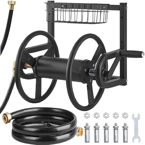 VEVOR Wall Mounted Garden Hose Reel, Holds 125 ft 5/8-inch Hose, Heavy-Duty Water Hose Winder, Space-Saving Design, Outdoor Manual Reel with Brass Fitting and Storage Basket for Yard Lawn by VEVOR