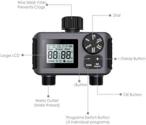 Sprinkler Timer, 2 Zone Smart Sprinkler Timer with Auto/Manual/Rain Delay Modes, Programmable Garden Hose Timers, Water-Saving Irrigation Controller for Lawn Yard Drip Systems (Black) - Image 5