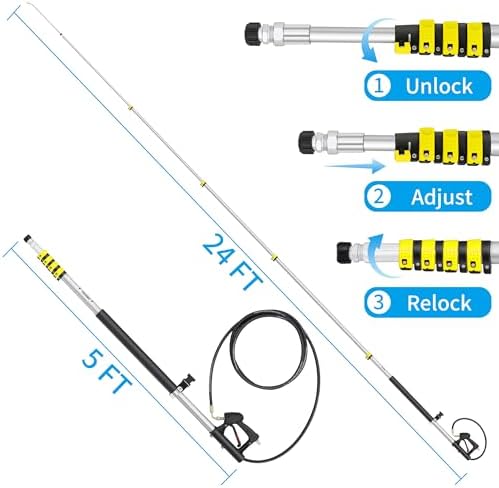 24 FT Telescoping Pressure Washer Wand Extension, Aluminum Power Washer Extension Wand with Turbo Nozzle, 5 Nozzle Tips, 2 Adapters, Harness, Gutter Cleaning Tools from The Ground - Image 4