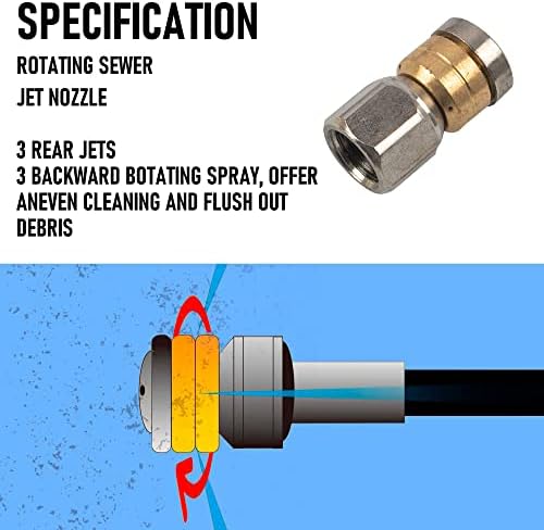 Hourleey Sewer Jetter Kit for Pressure Washer 50FT, Drain Cleaner Hose 1/4 Inch NPT, Orifice 4.0 Button Nose and Rotating Sewer Jetting Nozzle Spanner Tape Pearl Corsage Pin, 4000 PSI - Image 3