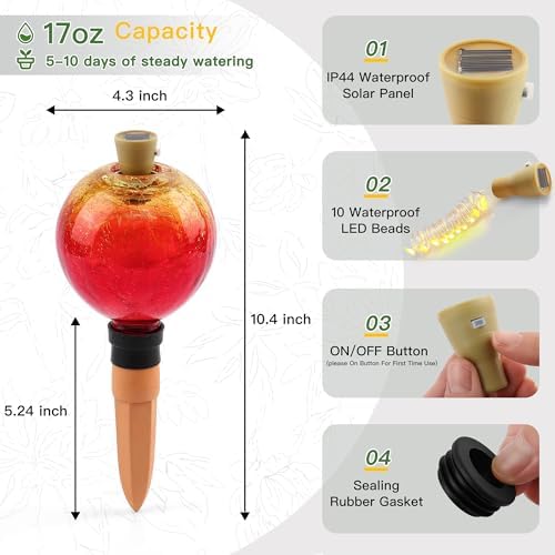 SAVENNA Crackle Glass Plant Watering Globe with Terracotta Spike,Self-Watering Irrigation for Potted Plants, with Solar Accent Light for Indoor & Outdoor Décor, 17oz, Gold–Red Gradient - Image 4