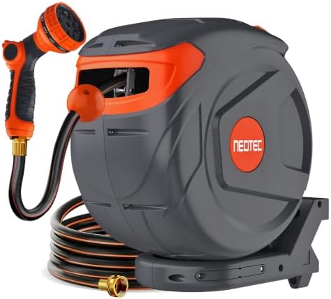 Retractable Garden Water Hose 82ft 1/2 inch, Wall Mounted Hose Reel with Automatic Rewind System, Any-Length Lock & Spray Nozzle for Efficient Yard Work by NEO-TEC