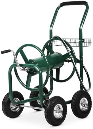 Hose Reel Cart, Hold Up to 300 ft of 5/8’’ Hose, Heavy Duty Garden Water Cart with 4 Wheels, Powder-coated Steel Outdoor Planting with Storage Basket for Garden, Lawn, Yard, Green by WelcometoourPazidom