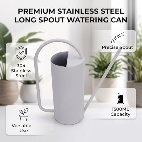 Long Spout Watering Can, 1500ml 304 Stainless Steel (White) - Image 6