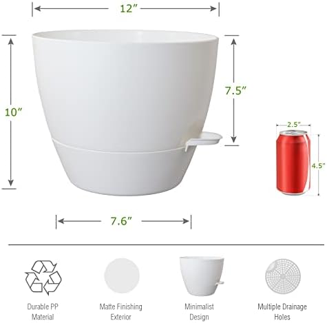 UOUZ 12inch 2Pack Large Self Watering Planters, Plastic Plant Pots with 60oZ Removable Deep Reservoir and Multi Mesh Drainage Holes for Indoor Outdoor Garden Plants and Flowers, White - Image 2