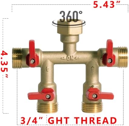 HQMPC Hose Splitter – Heavy-Duty Brass Garden Faucet Connector Garden Hose Splitter 4 Way 3/4" GHT Thread Red Handle - Image 2