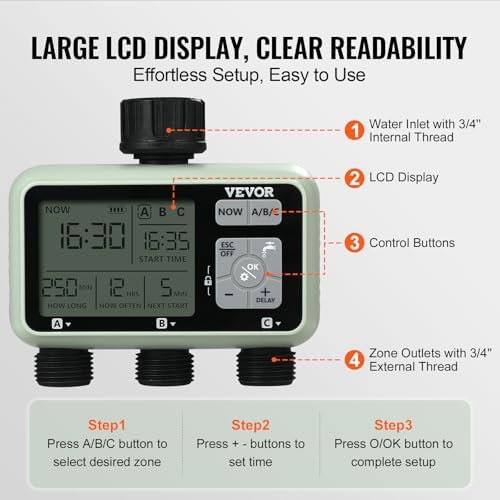 VEVOR Water Timer, 3 Outlets, Hose Watering Sprinkler Timer, with 3 Independent Watering Zone LCD Display Rain Delay Mode Manual Mode 360° Brass Inlet Metal Filter, IPX6 Waterproof for Yard Watering - Image 6