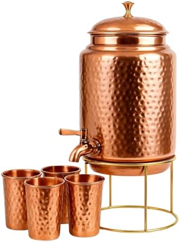 Pure Copper Hammered Water Dispenser Storage Water Tank with Tap and set of 4 Copper Glass | Water Pot | Cooper Water Storage Tank | 6.5 Ltr Capacity | 218 Oz by RoyalSapphire