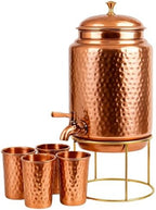 Pure Copper Hammered Water Dispenser Storage Water Tank with Tap and set of 4 Copper Glass | Water Pot | Cooper Water Storage Tank | 6.5 Ltr Capacity | 218 Oz by RoyalSapphire