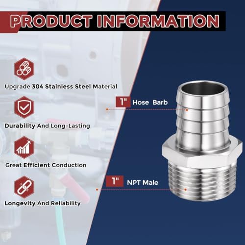 8pcs Stainless Steel Hose Barb Fittings 1" Barb to 1" NPT Male - Image 2
