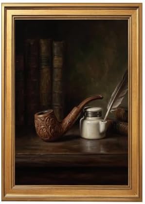 Gold Vintage Framed Still Life Pipe and Quill Wall Art by Unknown