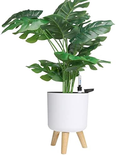 6.5" Self Watering Planters (2 Pack) for Indoor Plants with Water Indicator, White Modern Flower Pot with Wood Stand for Office Home Decor Garden by Ovlist