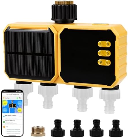 Solar WiFi Sprinkler Timer, Smart Water Timer for Garden Hose 4 Outlets with Rain Delay/Automatic/Manual Watering System for Lawn Yard, APP Remote Voice Control Via WiFi by Oubit