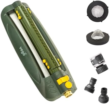 Vego Turbo Oscillating Sprinkler w/Quick Connector Starter Set Metal Base and 20 Precision Nozzles, 3-Way Adjustable for Large Yard and Lawn Covers up to 4973 sq. ft.-Seaweed Green by VegoGarden