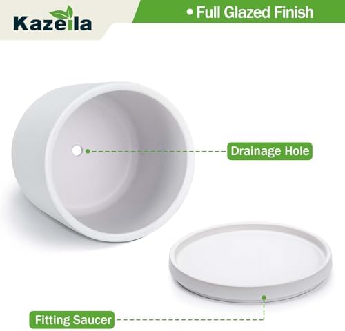 Kazeila 12 Inch Ceramic Planter Pot with Drainage Hole & Tray, Large Indoor Plant Pots, Modern Cylinder Flower Pot, Includes Mesh Net, Plug, Pads & 500g Clay Pebbles (White, 12 Inch) - Image 3